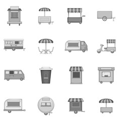 Street food kiosk vehicle icons set in monochrome style isolated on white background
