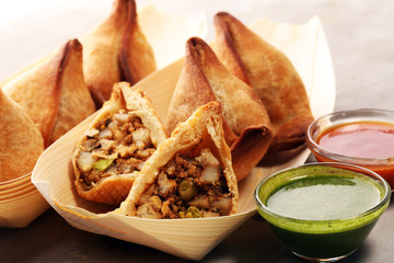 Vegetarian samsa or samosas.Indian special traditional street food punjabi samosa or Coxinha, Croquete and other Fried Brazilian Snacks