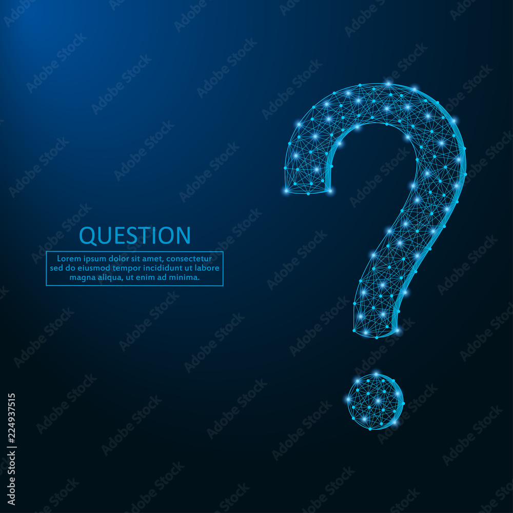 Poster question mark made from made by points and lines, polygonal wireframe mesh on night sky, dark blue b