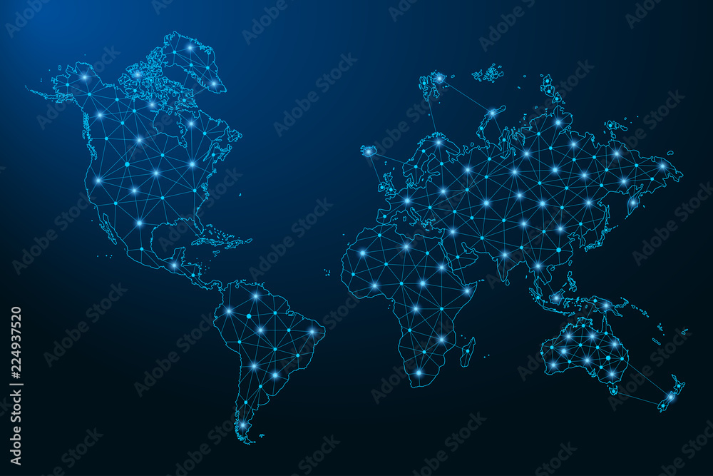 Aufkleber Abstract World map created from lines and bright points in the form of starry sky, polygonal wireframe mesh and connected lines. Vector illustration.