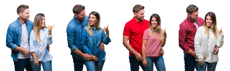 Collage of beautiful couple together over white isolated backgroud smiling with happy face looking and pointing to the side with thumb up.