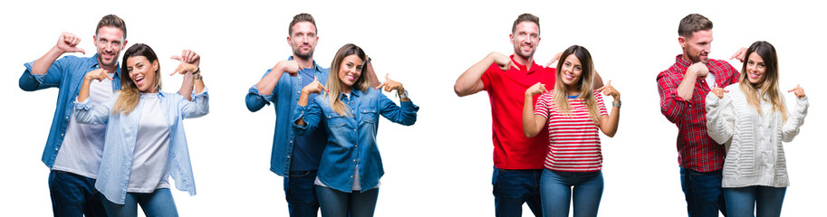 Fototapeta premium Collage of beautiful couple together over white isolated backgroud looking confident with smile on face, pointing oneself with fingers proud and happy.