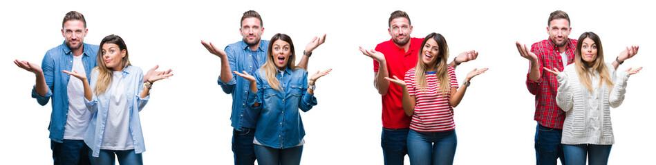 Collage of beautiful couple together over white isolated backgroud clueless and confused expression...