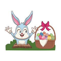 Rabbit with easter eggs in basket