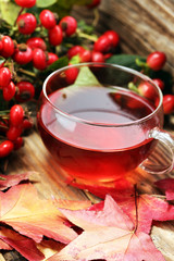 Tea. cup of herbal Dog rose tea with bunch branch Rosehips, types Rosa canina hips. Medicinal plants and herbs composition.