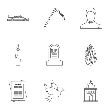 Burial icons set. Outline illustration of 9 burial vector icons for web
