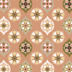elegant beige, green and orange decorated and textured ogee and floral pattern for textile, fabric, backgrounds, backdrops and creative surface designs. pattern swatch at eps. file 