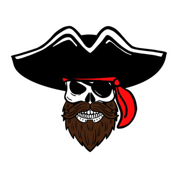 hand drawn vector pirate skull with beard, hat and eye patch. T-shirt template, halloween, evil eye.