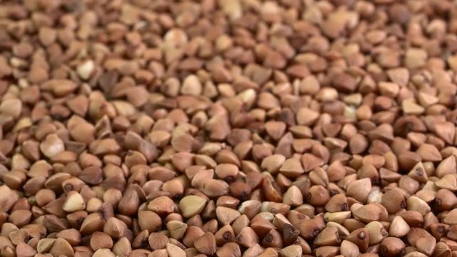 closeup of gluten free buckwheat roasted kasha - rotating background, low angle view