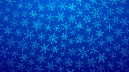 Christmas illustration with various small snowflakes on gradient background in blue colors