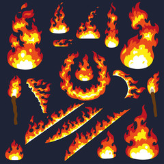 Set of fier elements: bonfire, fire, torch, flambeau, camp fire, ring of fire, sparks. Cartoon stiyle. Big collection for your disign, FX effects, tattoo, vinyl or stickers.