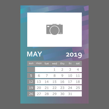 May 2019 calendar. Week starts sunday.  Layers grouped for easy editing illustration. For your design.
