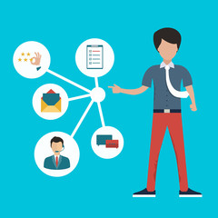 Man presenting customer relationship management. System for managing interactions with current and future customers. Flat vector illustration.