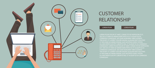 Business customer care service concept. Icons set of contact us, support, help, phone call and website click. Man sitting on the floor and holding lap top with telephone by his side. Flat vector