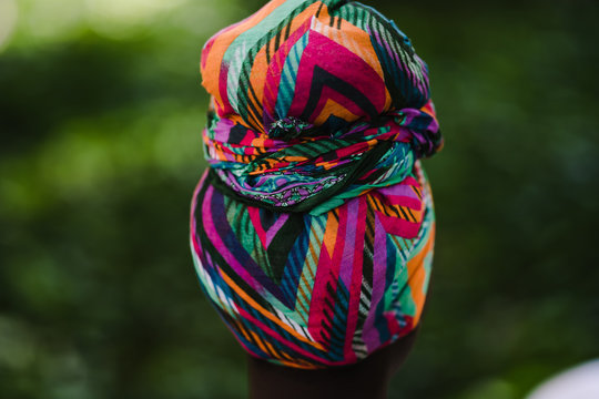 Close up of colorful headscarf