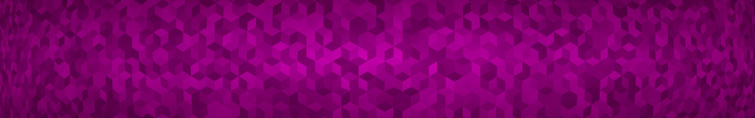 Abstract horizontal banner or background of small isometric cubes in purple colors with the fish eye effect.