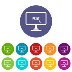 Print word on a computer monitor set icons in different colors isolated on white background