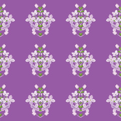 3d floral seamless pattern background. Texture with Purple Lilac flowers, leaf and petals vector illustration.
