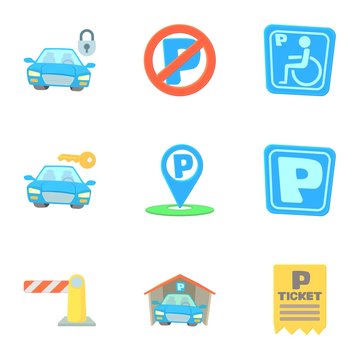 Parking station icons set. Cartoon illustration of 9 parking station vector icons for web