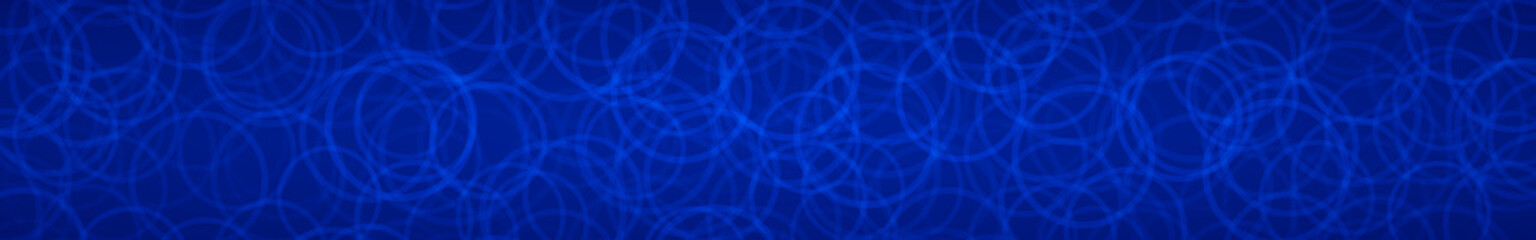 Abstract horizontal banner of randomly arranged contours of circles on blue background