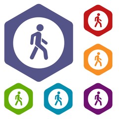 Pedestrians only road sign icons set rhombus in different colors isolated on white background