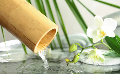 Traditional bamboo fountain with spa stones and orchid, closeup