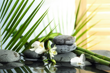 Spa stones, flowers and bamboo branches in water