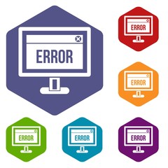 Error sign on a computer monitor icons set rhombus in different colors isolated on white background