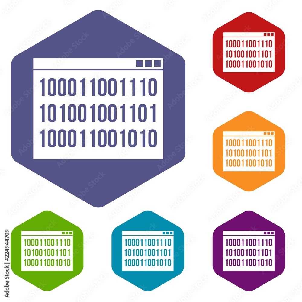 Poster binary code icons set rhombus in different colors isolated on white background