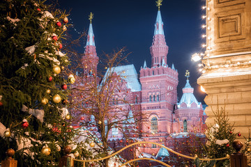 State Historical Museum of Russia. Winter Moscow before Christmas and New Year. Moscow, Russia....