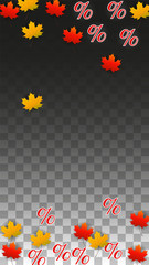 Obraz premium Vector Percentage Sign and Autumn Leaves Confetti on Transparent Background. Percent Sale Background. Business, Economics, Finance Print. Discount Illustration. Promotion poster. Black Friday Banner. 