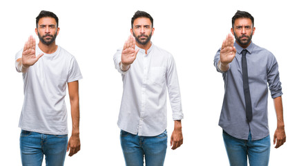 Collage of handsome young indian man over isolated background covering eyes with hands and doing stop gesture with sad and fear expression. Embarrassed and negative concept.