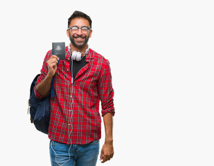 Adult hispanic student man holding passport of australia over isolated background with a happy face standing and smiling with a confident smile showing teeth