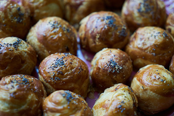 National Azerbaijanian cuisine Gogal on plate on wooden table background,close-up, top view