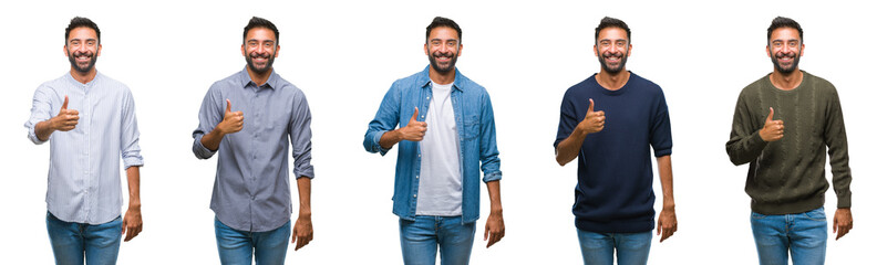 Collage of young man wearing casual look over white isolated backgroud doing happy thumbs up gesture with hand. Approving expression looking at the camera with showing success.