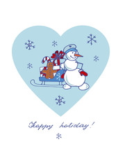  snowman, sled, gifts on the background of the heart