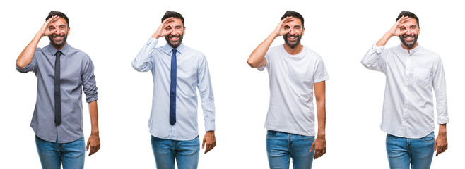 Collage of young man wearing casual look over white isolated backgroud doing ok gesture with hand smiling, eye looking through fingers with happy face.