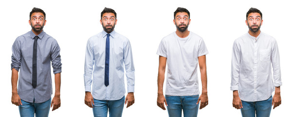 Collage of young man wearing casual look over white isolated backgroud puffing cheeks with funny face. Mouth inflated with air, crazy expression.