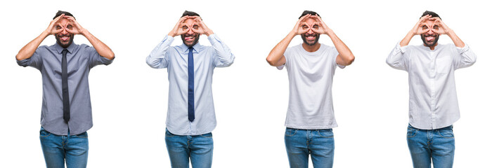 Obraz premium Collage of young man wearing casual look over white isolated backgroud doing ok gesture like binoculars sticking tongue out, eyes looking through fingers. Crazy expression.
