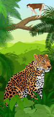 Fototapeta premium Vector Jungle rainforest vertical baner with jaguar or leopard and ape monkey