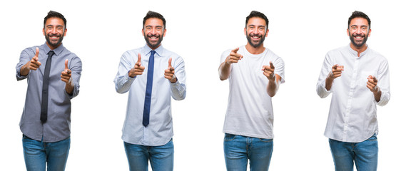 Fototapeta premium Collage of young man wearing casual look over white isolated backgroud pointing fingers to camera with happy and funny face. Good energy and vibes.