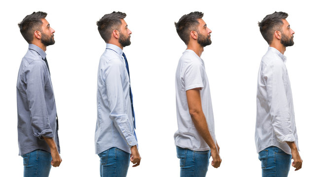 Collage of young man wearing casual look over white isolated backgroud looking to side, relax profile pose with natural face with confident smile.