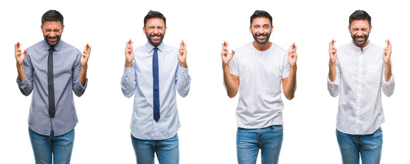 Collage of young man wearing casual look over white isolated backgroud smiling crossing fingers with hope and eyes closed. Luck and superstitious concept.