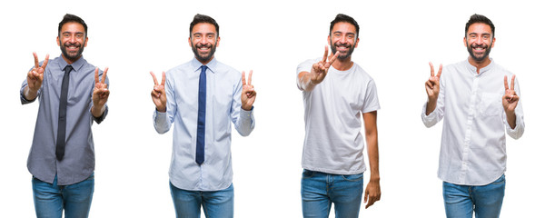 Obraz premium Collage of young man wearing casual look over white isolated backgroud smiling looking to the camera showing fingers doing victory sign. Number two.