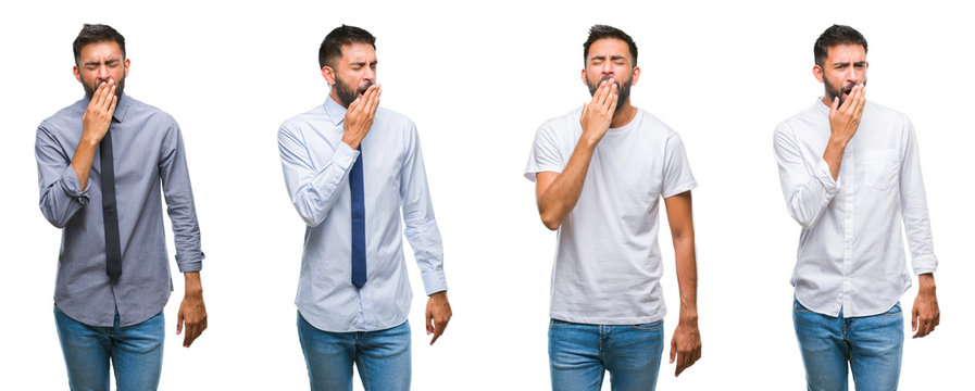 Collage of young man wearing casual look over white isolated backgroud bored yawning tired covering mouth with hand. Restless and sleepiness.