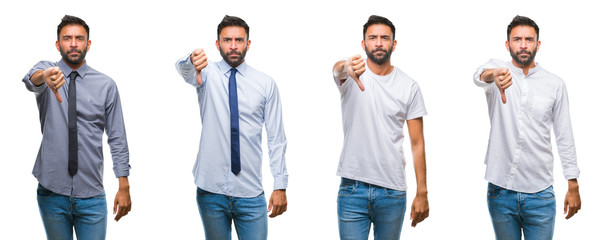 Collage of young man wearing casual look over white isolated backgroud looking unhappy and angry showing rejection and negative with thumbs down gesture. Bad expression.