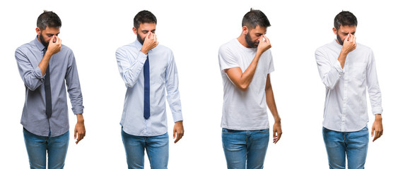 Collage of young man wearing casual look over white isolated backgroud tired rubbing nose and eyes feeling fatigue and headache. Stress and frustration concept.