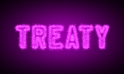 TREATY - pink glowing text at night on black background