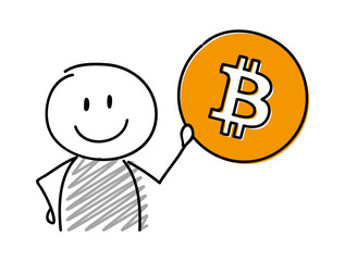 Happy stickman holding bitcoin icon. Vector.