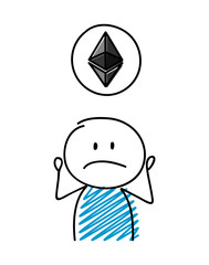 Cartoon figure with hand drawn etherum icon. Vector.